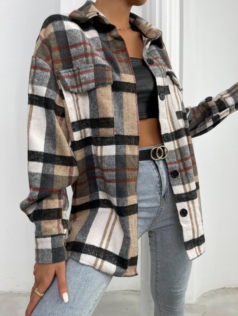Plaid Button-Up Shacket Jacket | Cream, Brown & Gray | Oversized Small | Shein